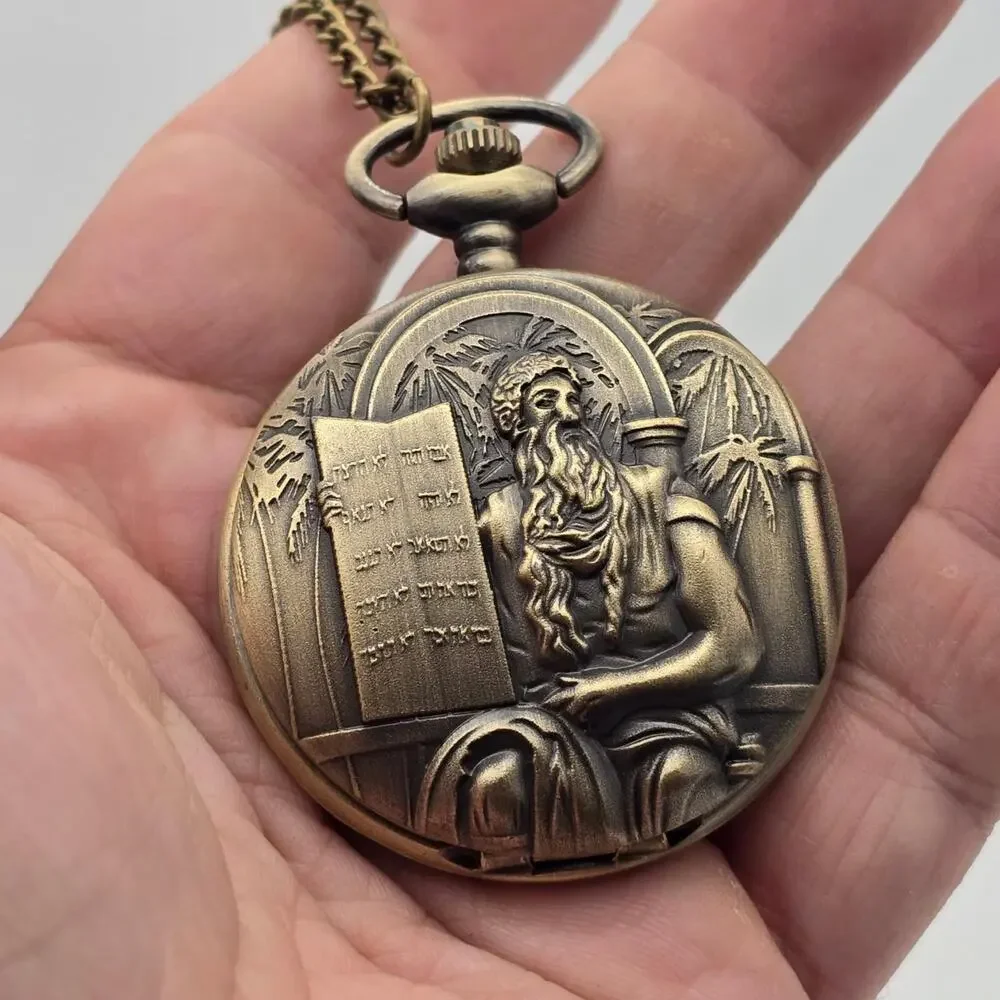 Moses & Ten Commandments Pocket Watch – Personalized Christian Bronze Gift